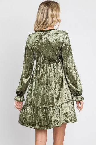 Olive Velvet Long Sleeve Flutter Dress