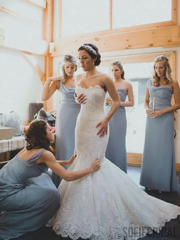 One Shoulder Dusty Blue Long A-line Chiffon Bridesmaid Dresses, Cheap Popular Bridesmaid Dresses, PD0322