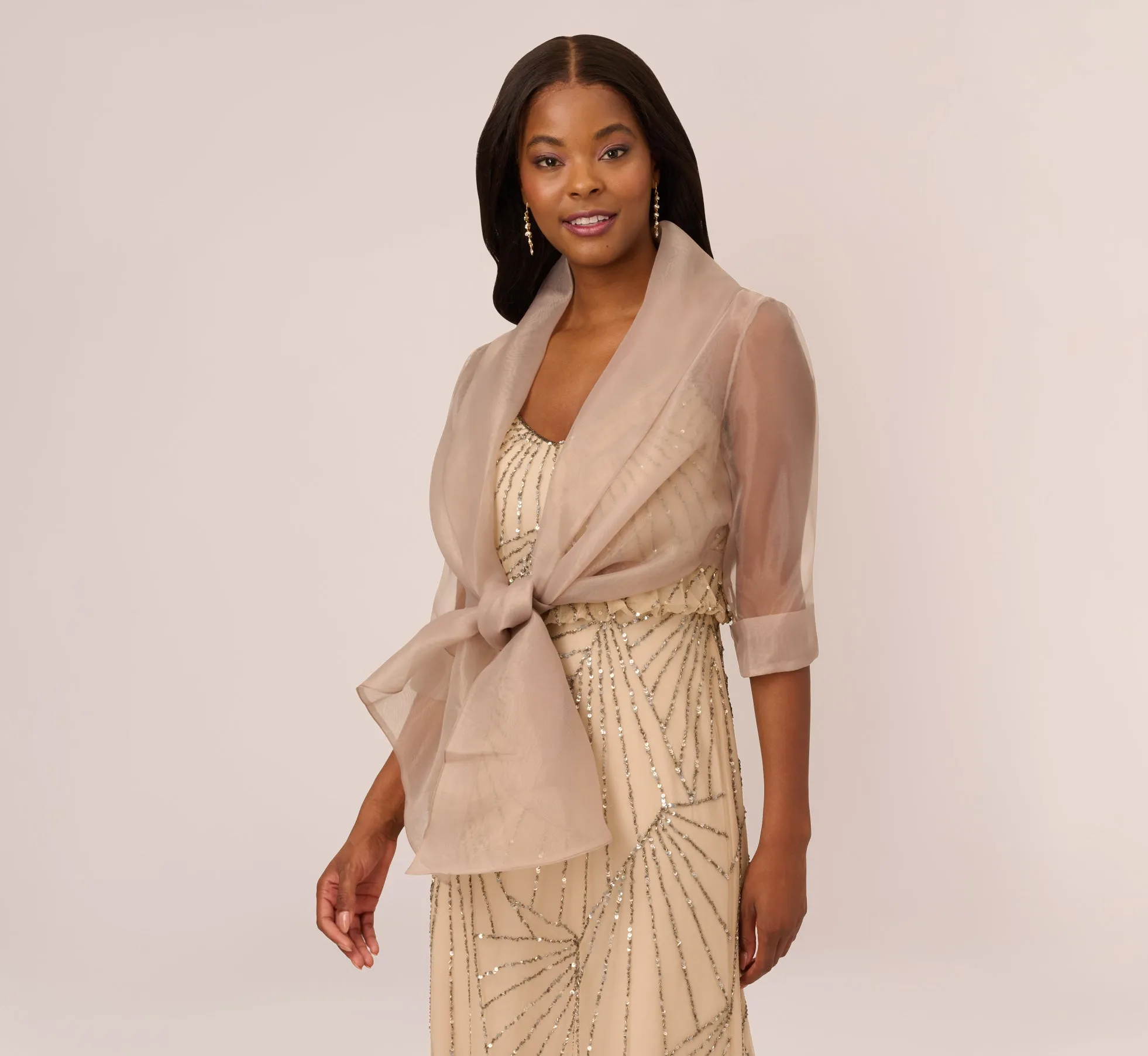 Organza Wrap Jacket With Short Sleeves In Champagne