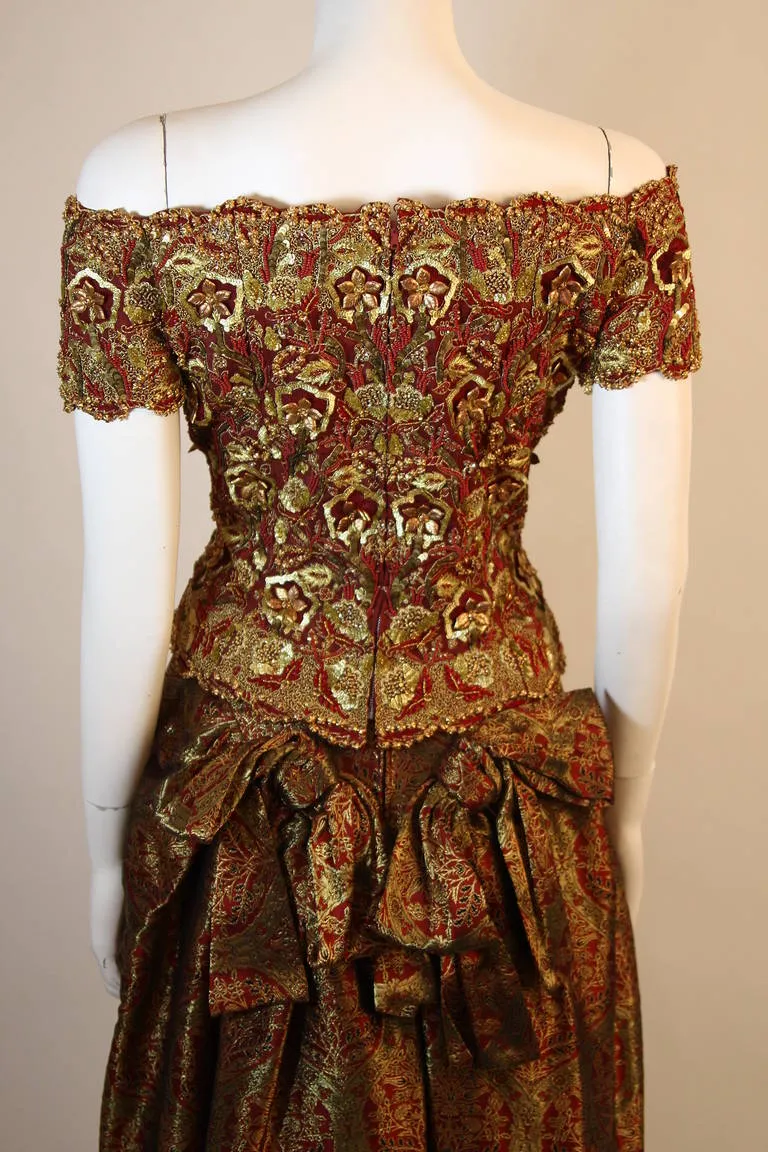 OSCAR DE LA RENTA Gold and Burgundy Evening Ensemble