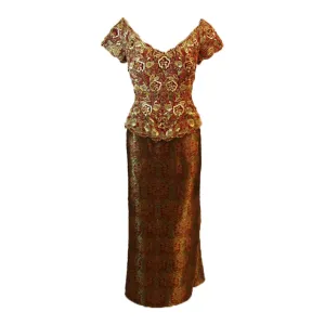 OSCAR DE LA RENTA Gold and Burgundy Evening Ensemble