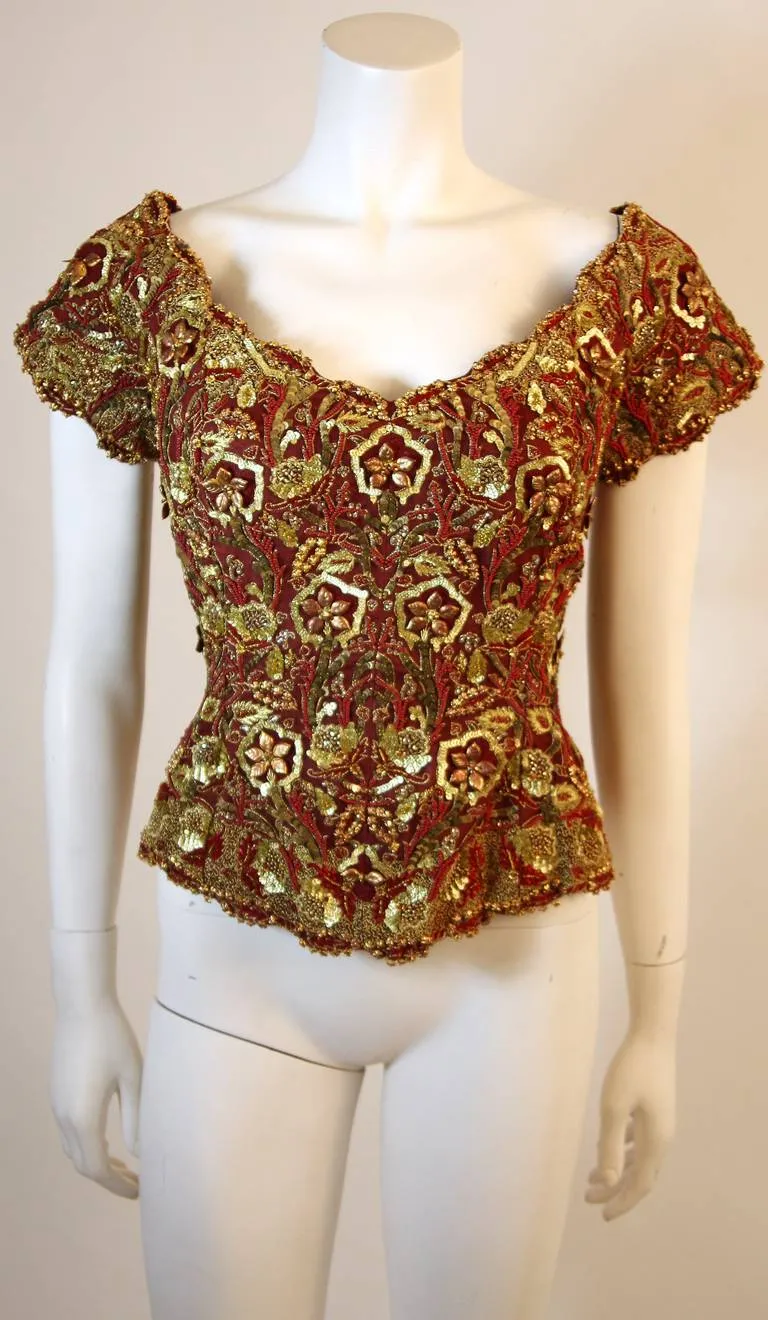 OSCAR DE LA RENTA Gold and Burgundy Evening Ensemble