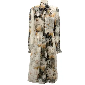 Oscar de la Renta Ivory / Black Multi Floral Printed Tie-Neck Sheer Silk Chiffon Dress