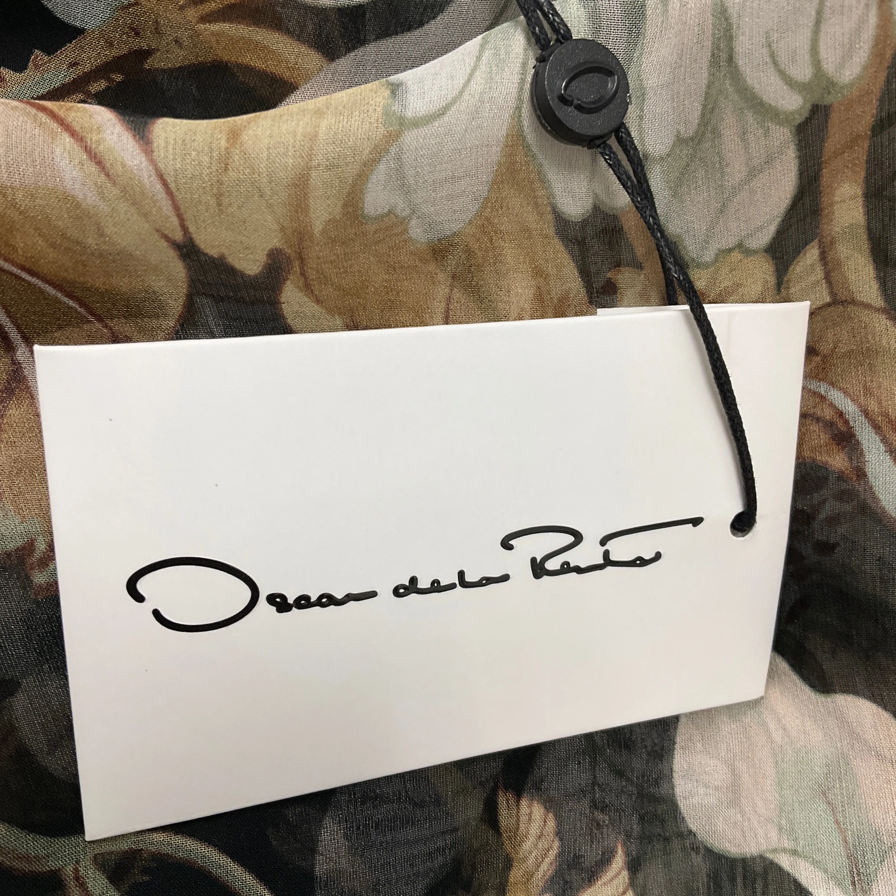 Oscar de la Renta Ivory / Black Multi Floral Printed Tie-Neck Sheer Silk Chiffon Dress
