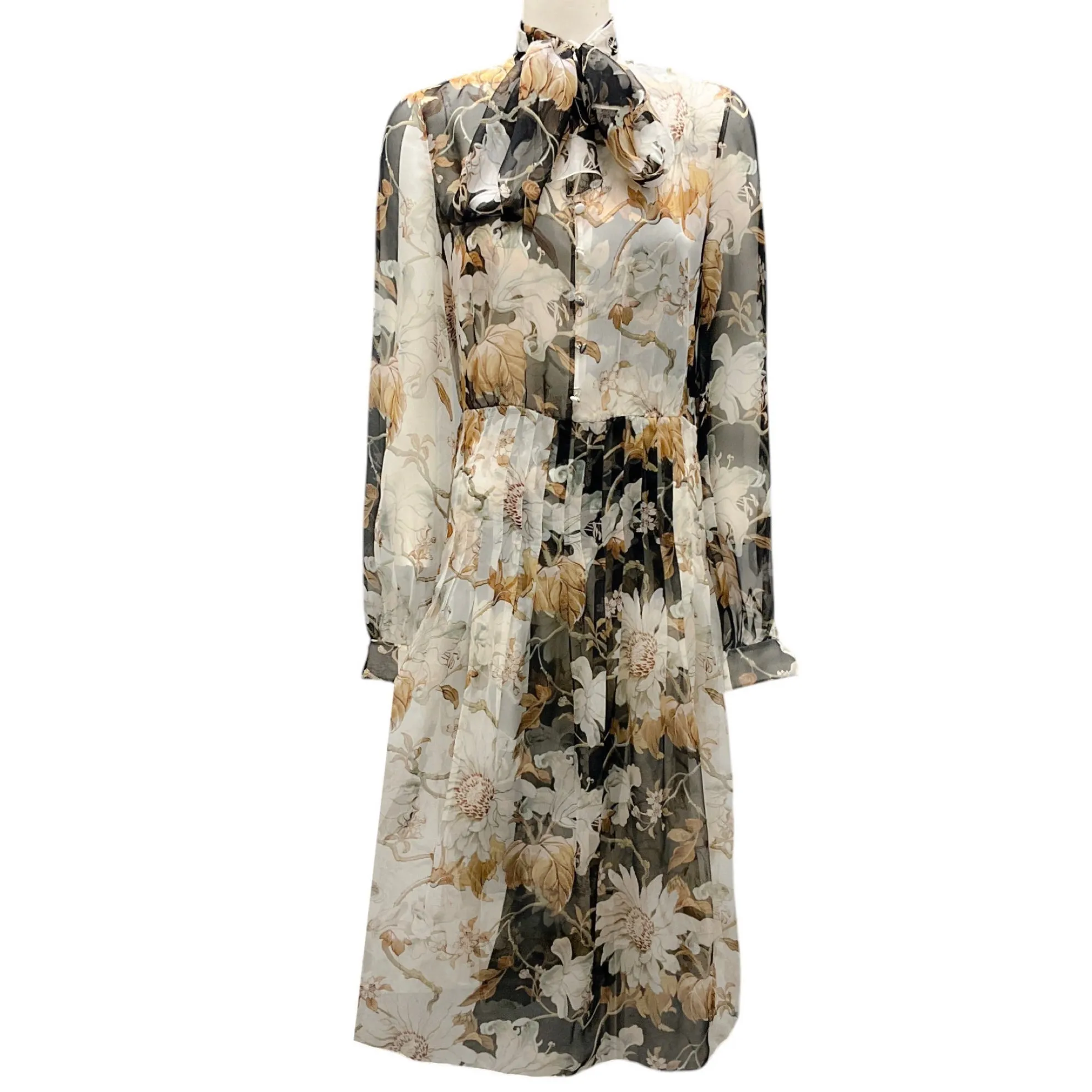 Oscar de la Renta Ivory / Black Multi Floral Printed Tie-Neck Sheer Silk Chiffon Dress
