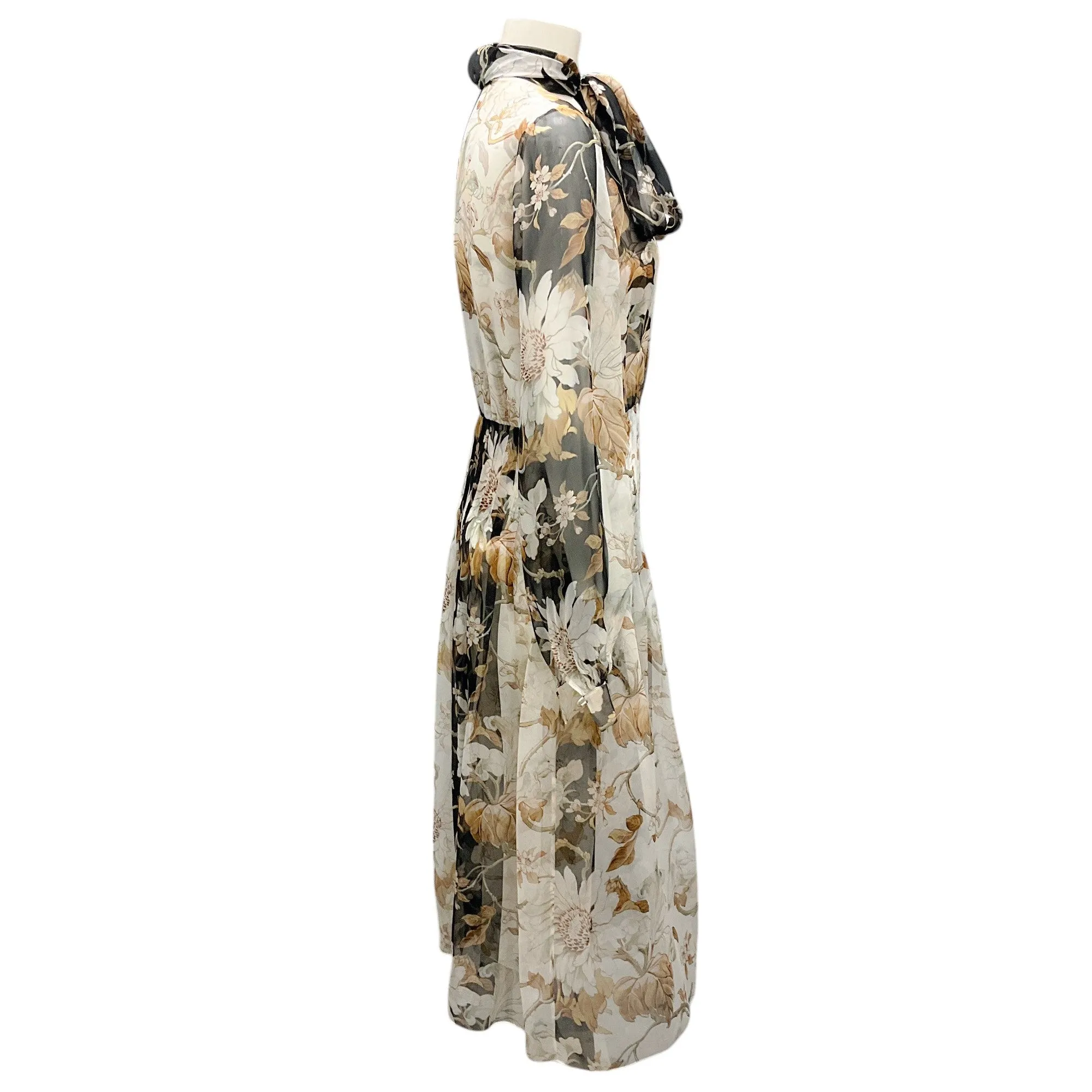 Oscar de la Renta Ivory / Black Multi Floral Printed Tie-Neck Sheer Silk Chiffon Dress
