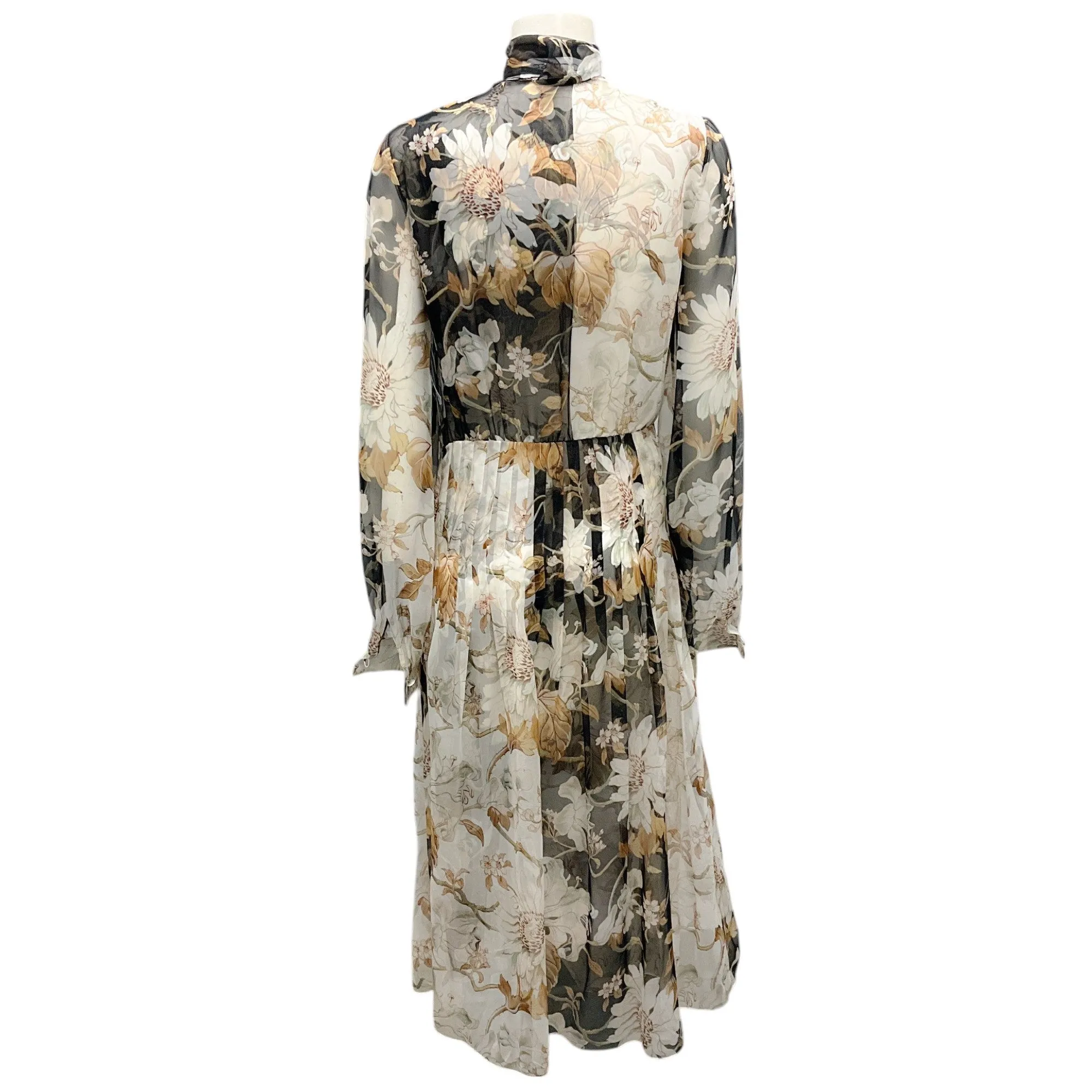 Oscar de la Renta Ivory / Black Multi Floral Printed Tie-Neck Sheer Silk Chiffon Dress