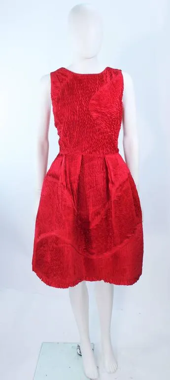 OSCAR DE LA RENTA Red Gathered Pintuck Cocktail Dress Size 10