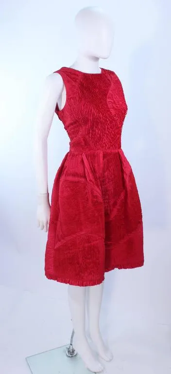 OSCAR DE LA RENTA Red Gathered Pintuck Cocktail Dress Size 10
