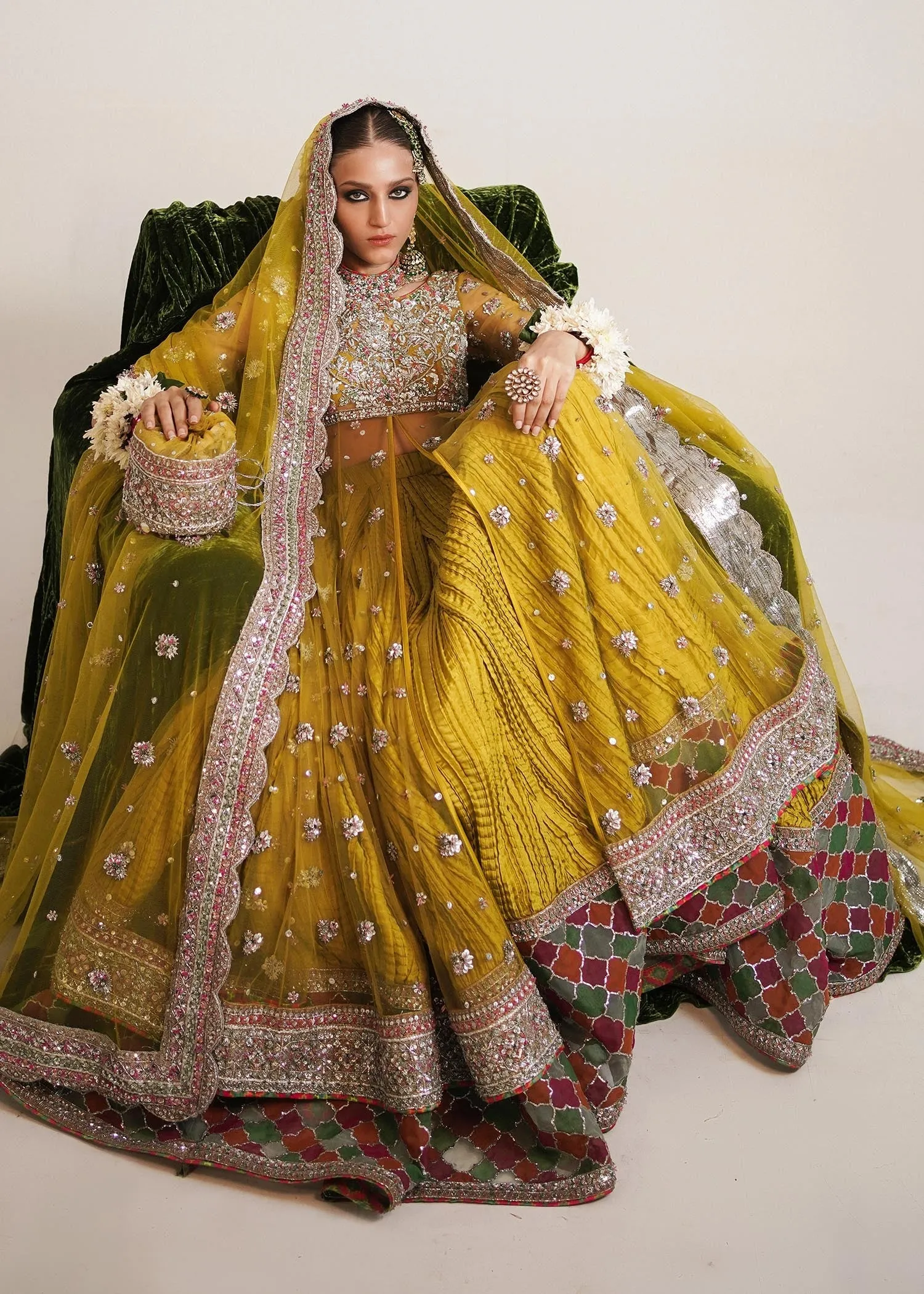 Pakistani Bridal Dress in Open Pishwas Frock with Wedding Lehenga and Net Dupatta Style
