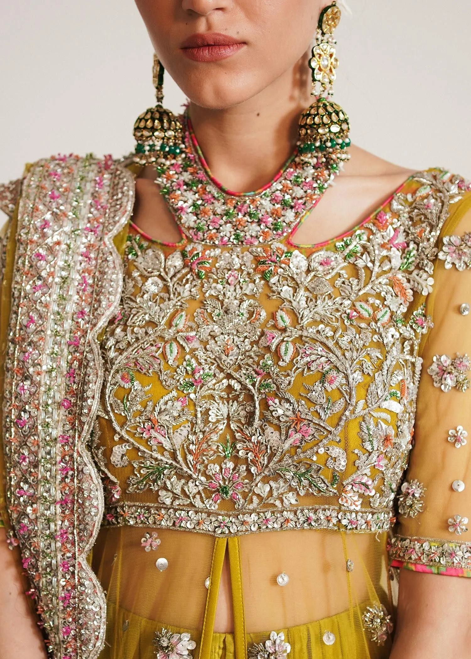 Pakistani Bridal Dress in Open Pishwas Frock with Wedding Lehenga and Net Dupatta Style