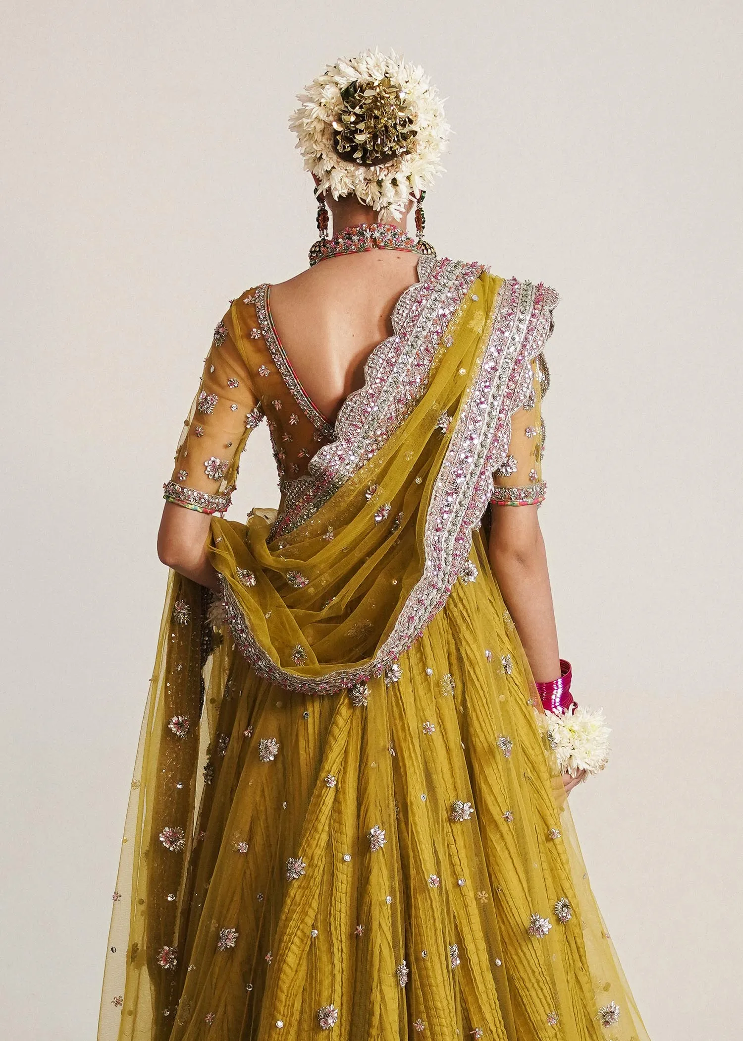Pakistani Bridal Dress in Open Pishwas Frock with Wedding Lehenga and Net Dupatta Style