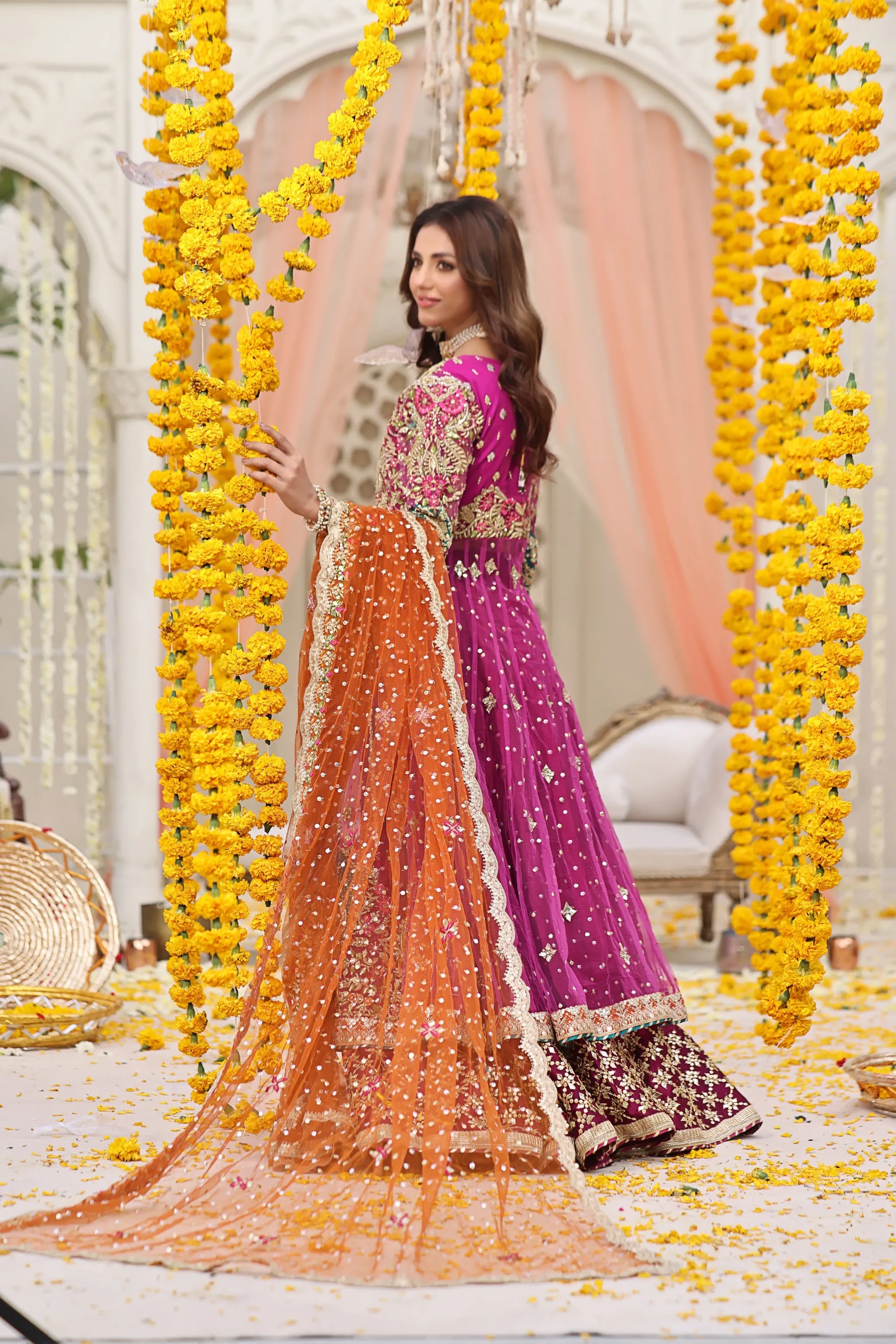 Pakistani Mehndi Dress in Magenta Pishwas Lehenga Style