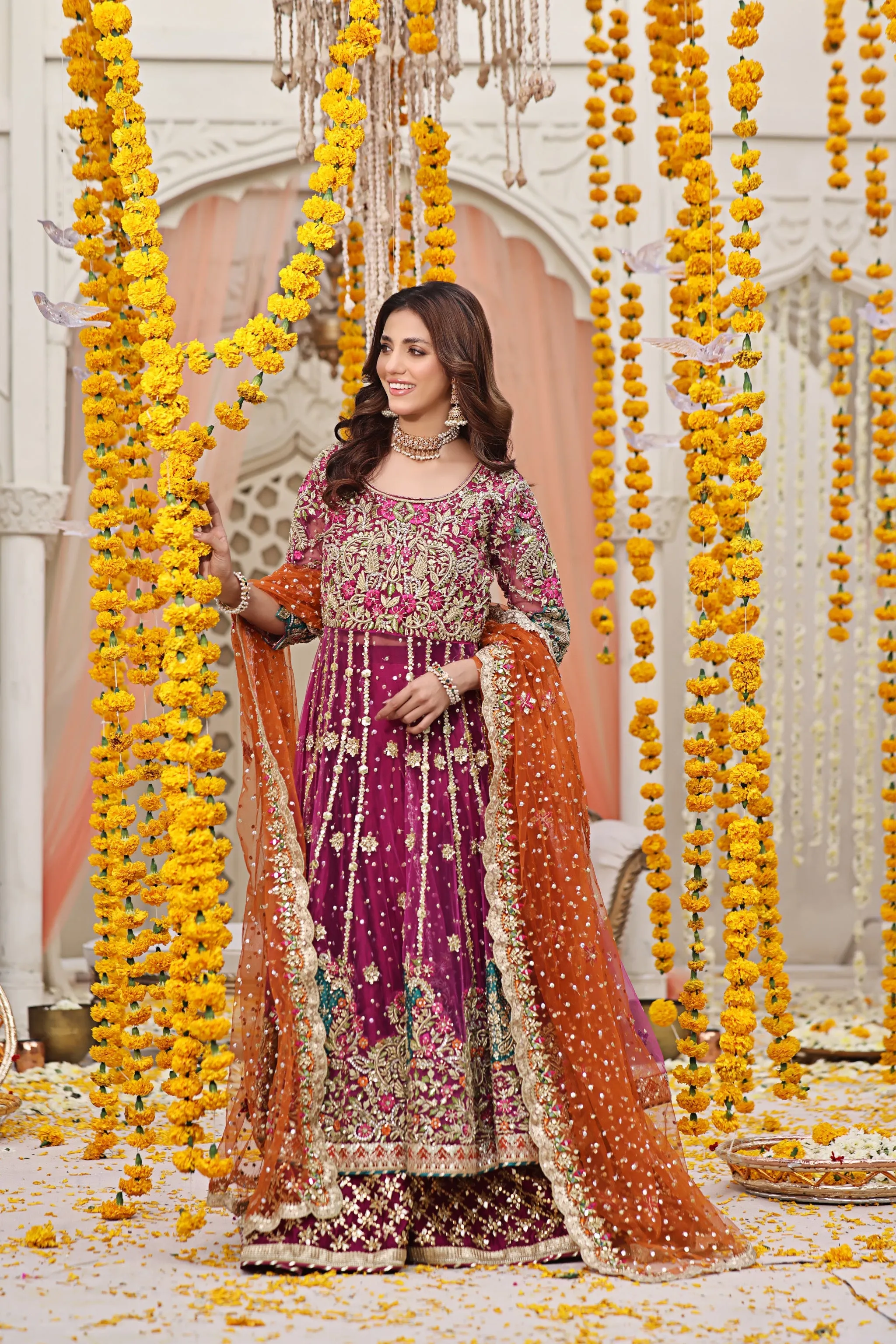 Pakistani Mehndi Dress in Magenta Pishwas Lehenga Style