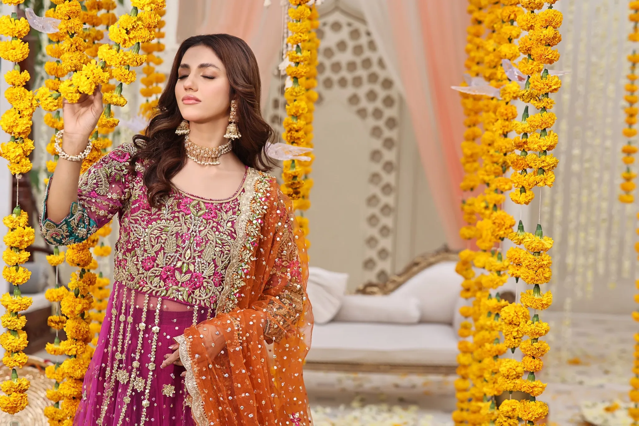 Pakistani Mehndi Dress in Magenta Pishwas Lehenga Style