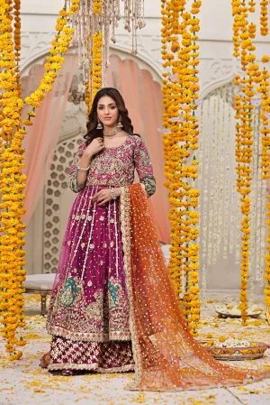 Pakistani Mehndi Dress in Magenta Pishwas Lehenga Style