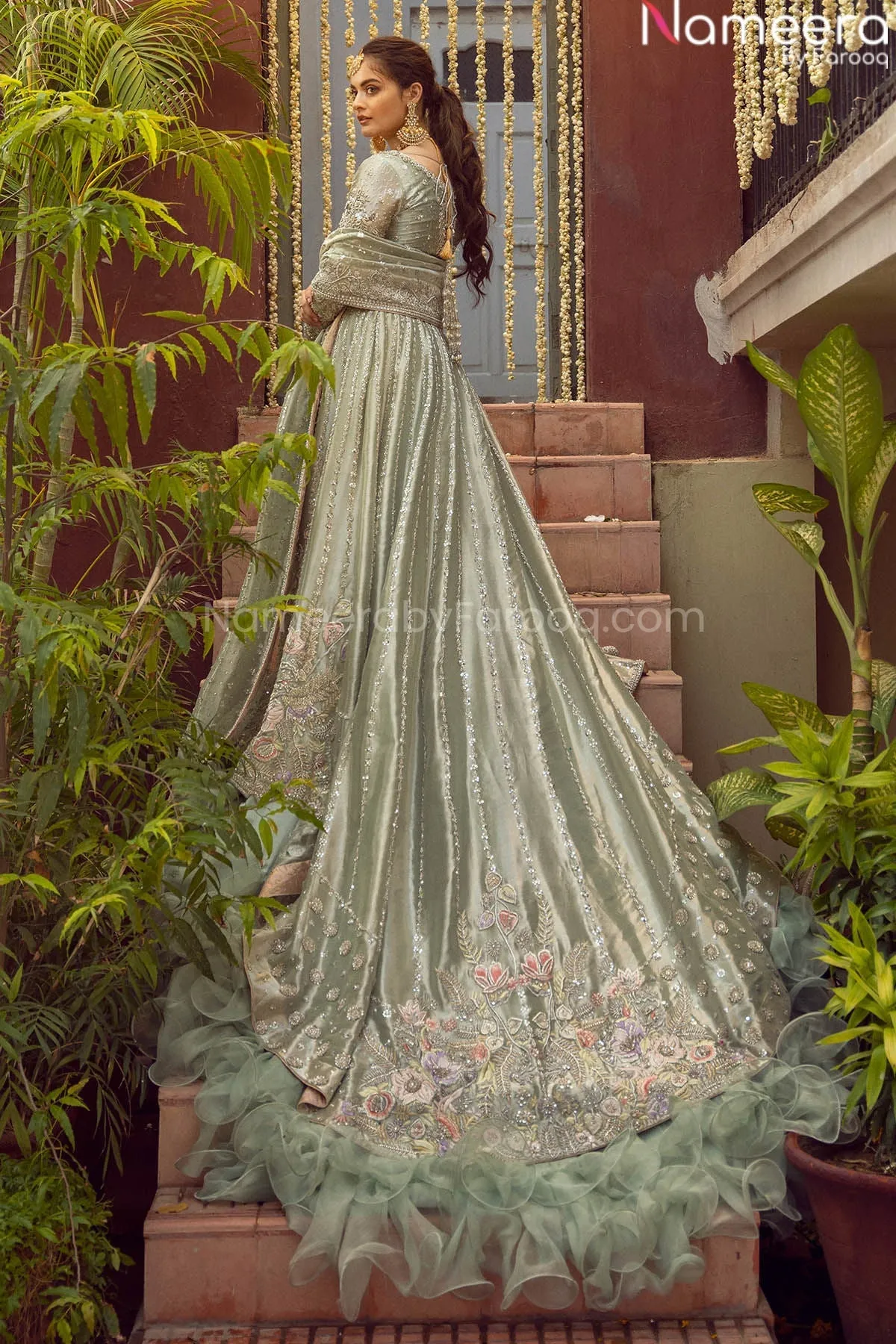 Pakistani Silver Long Tail Bridal Lehenga Frock #BN791