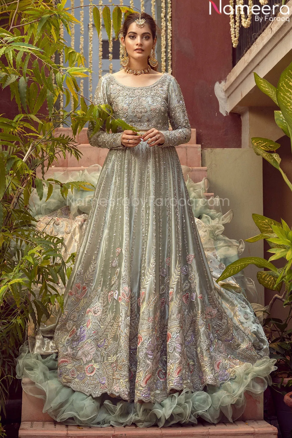 Pakistani Silver Long Tail Bridal Lehenga Frock #BN791