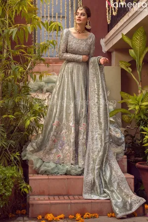 Pakistani Silver Long Tail Bridal Lehenga Frock #BN791