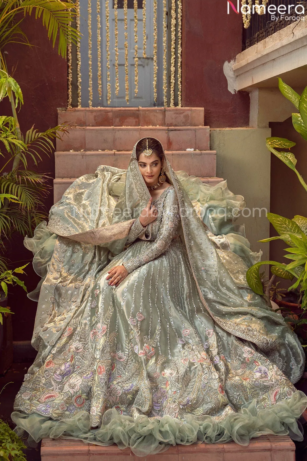 Pakistani Silver Long Tail Bridal Lehenga Frock #BN791