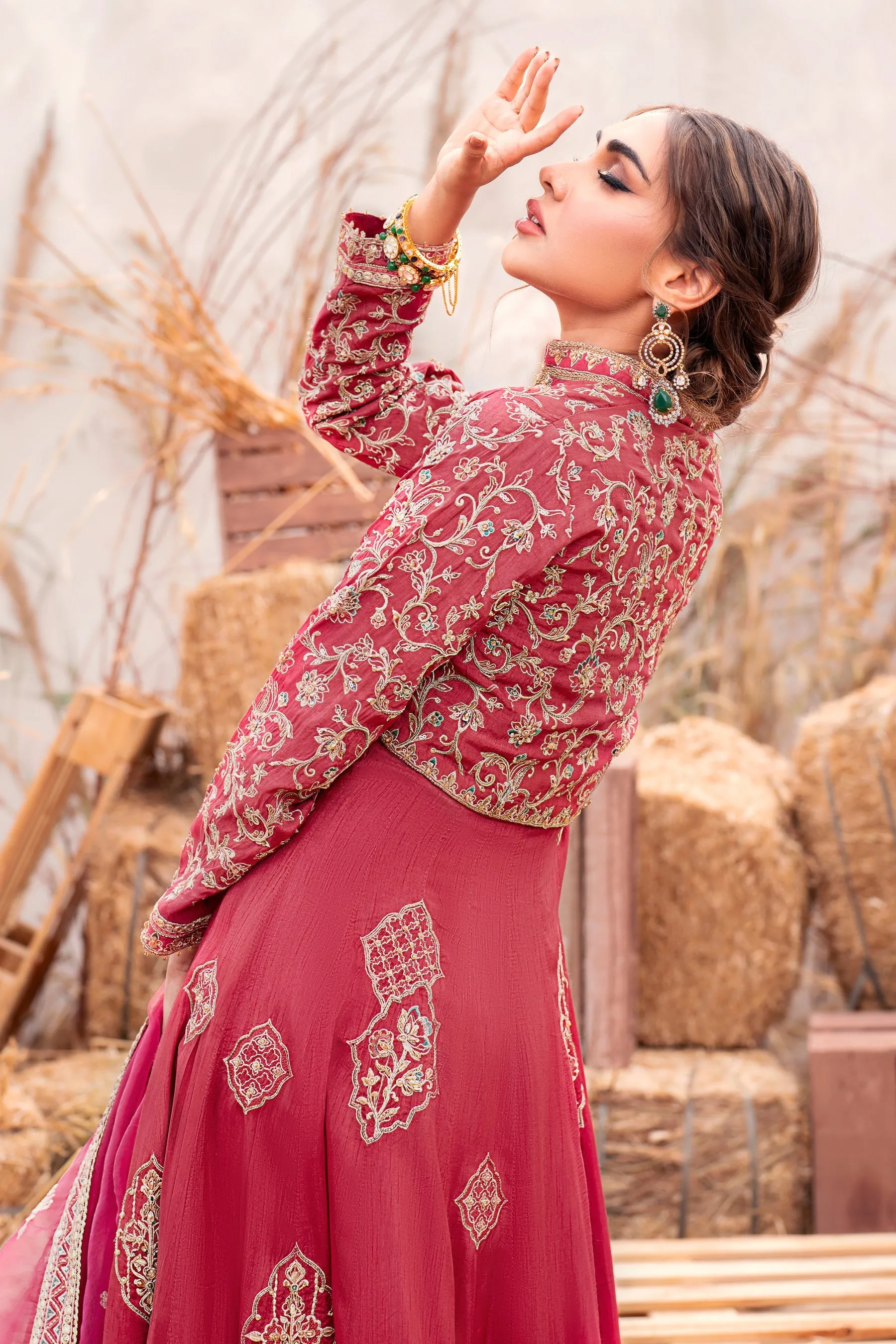 Pakistani Wedding Wear Elegant Jacket Style Frock in Carrot Red Color