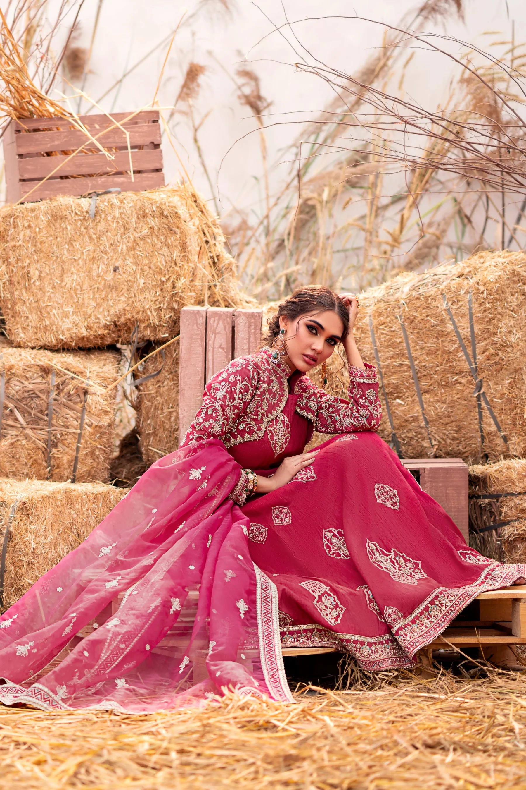 Pakistani Wedding Wear Elegant Jacket Style Frock in Carrot Red Color