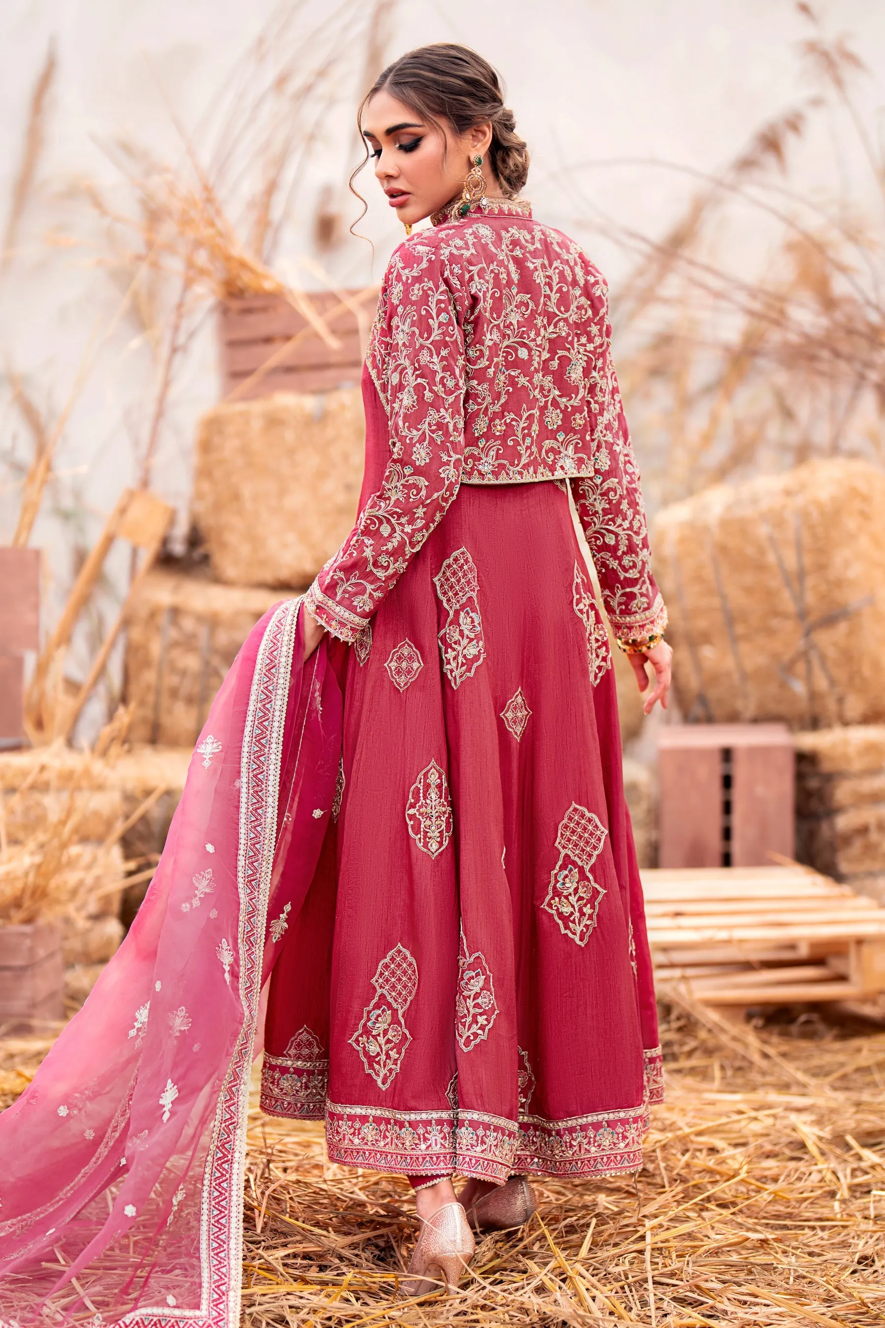 Pakistani Wedding Wear Elegant Jacket Style Frock in Carrot Red Color