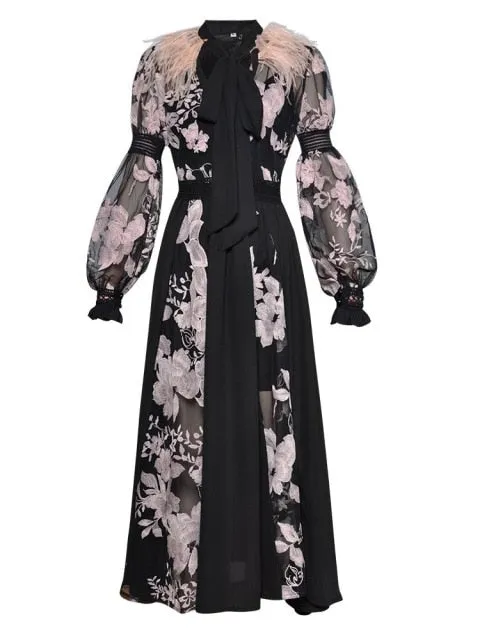 Patchwork feathers retro woman party long dress