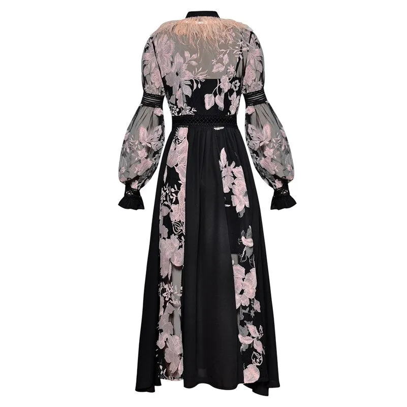 Patchwork feathers retro woman party long dress