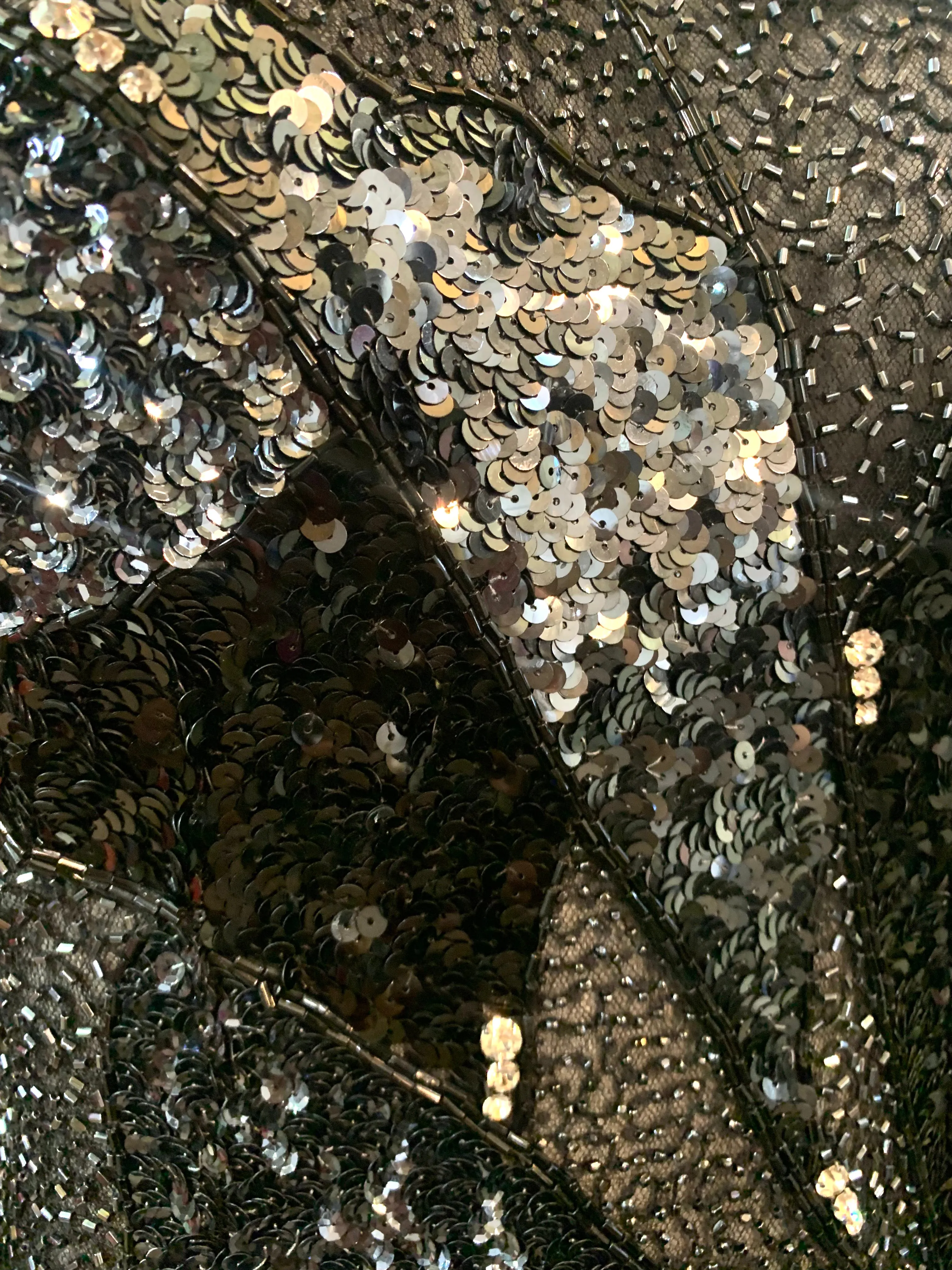 Paul Louis Orrier 1980's Black Beaded Lace Panel Cocktail Dress