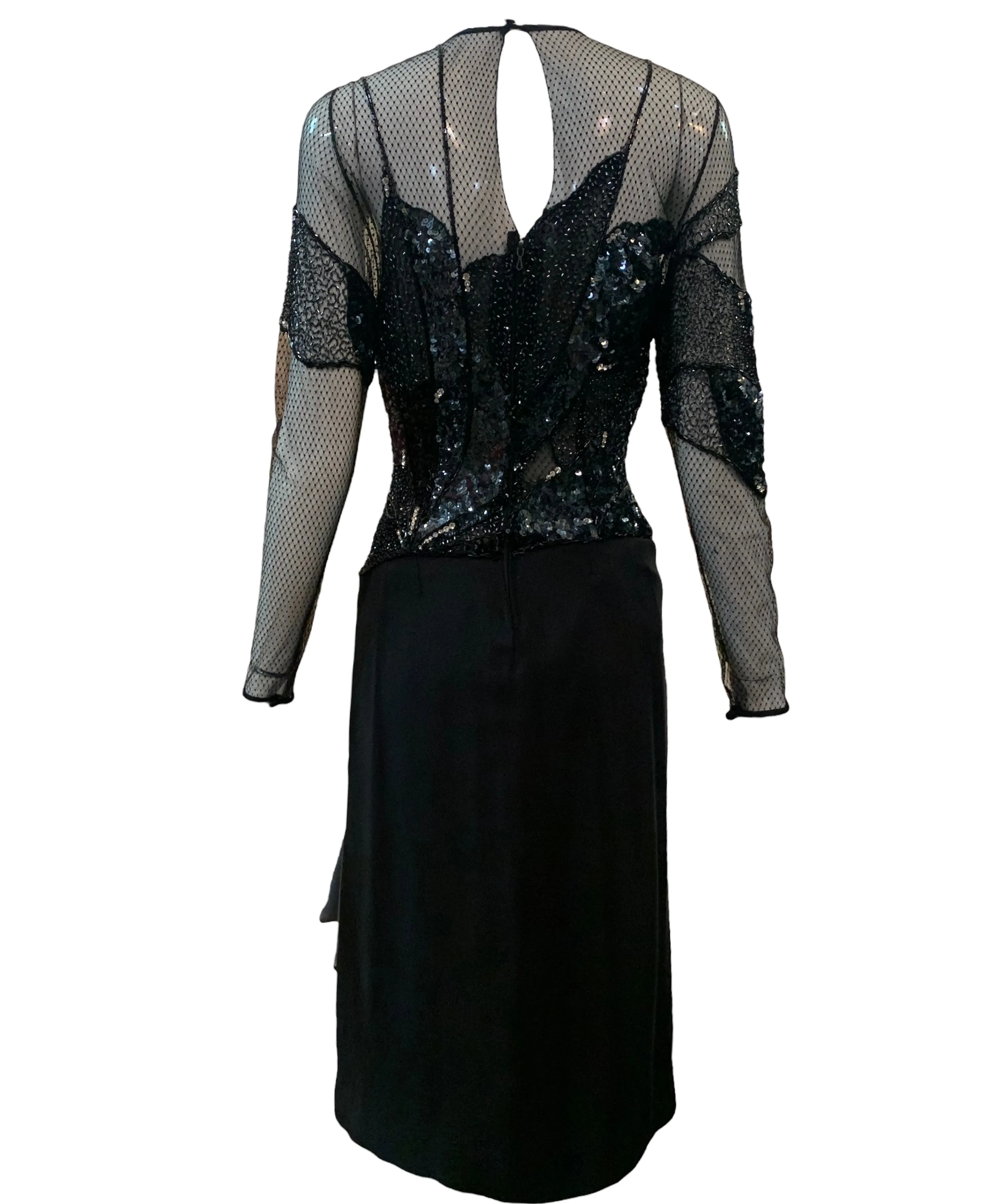 Paul Louis Orrier 1980's Black Beaded Lace Panel Cocktail Dress