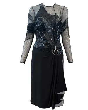 Paul Louis Orrier 1980's Black Beaded Lace Panel Cocktail Dress