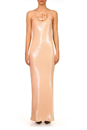 Peach Sequin Halter Gown With Flower Detail