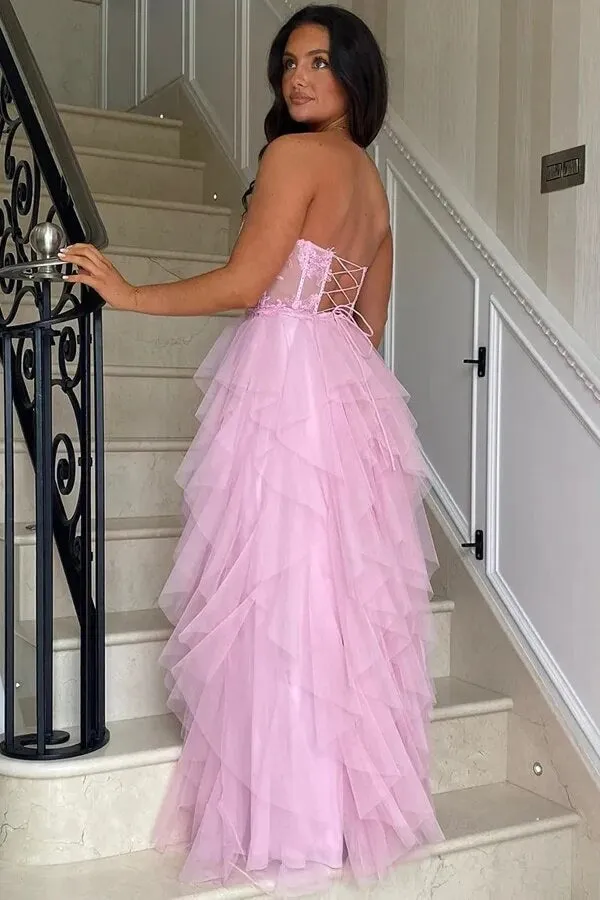 Pink A-Line Ruffles Lace Appliques Corset Long Prom Dresses With Slit, MP976