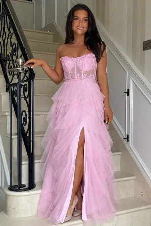 Pink A-Line Ruffles Lace Appliques Corset Long Prom Dresses With Slit, MP976