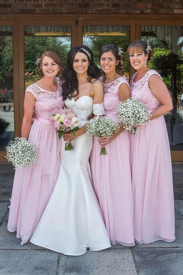 Pink Chiffon Lace Top A-line Scoop Neck Long Bridesmaid Dresses, MBD234