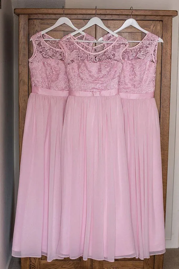 Pink Chiffon Lace Top A-line Scoop Neck Long Bridesmaid Dresses, MBD234
