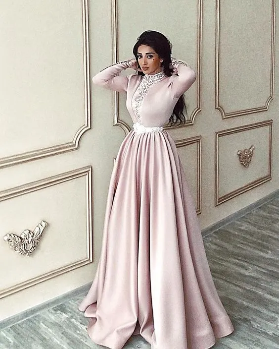 pink prom dresses long sleeve high neck beaded elegant satin muslim prom gowns vestido casemento