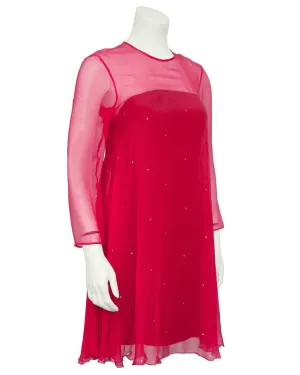 Pink Rhinestone Studded Coral Chiffon Dress