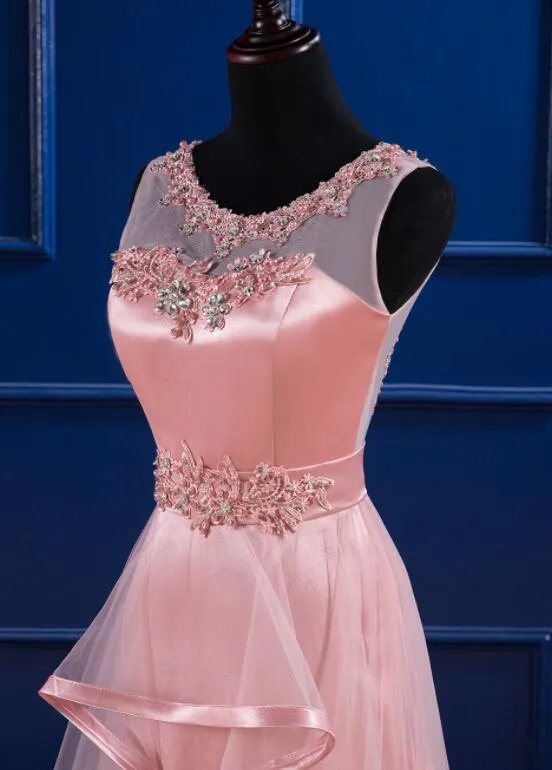 Pink Satin and Tulle Layers Long Party Dress with Lace Applique, Pink Formal Dress