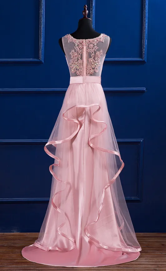 Pink Satin and Tulle Layers Long Party Dress with Lace Applique, Pink Formal Dress