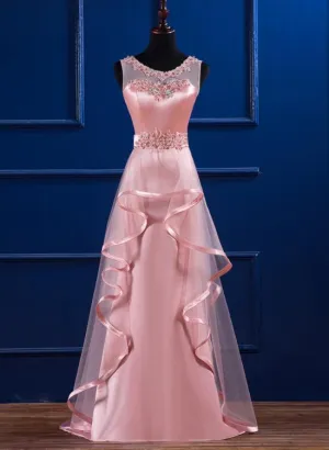 Pink Satin and Tulle Layers Long Party Dress with Lace Applique, Pink Formal Dress