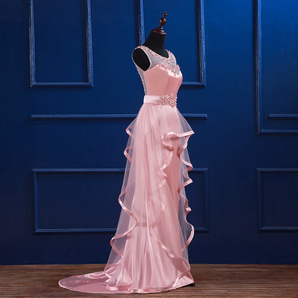 Pink Satin and Tulle Layers Long Party Dress with Lace Applique, Pink Formal Dress