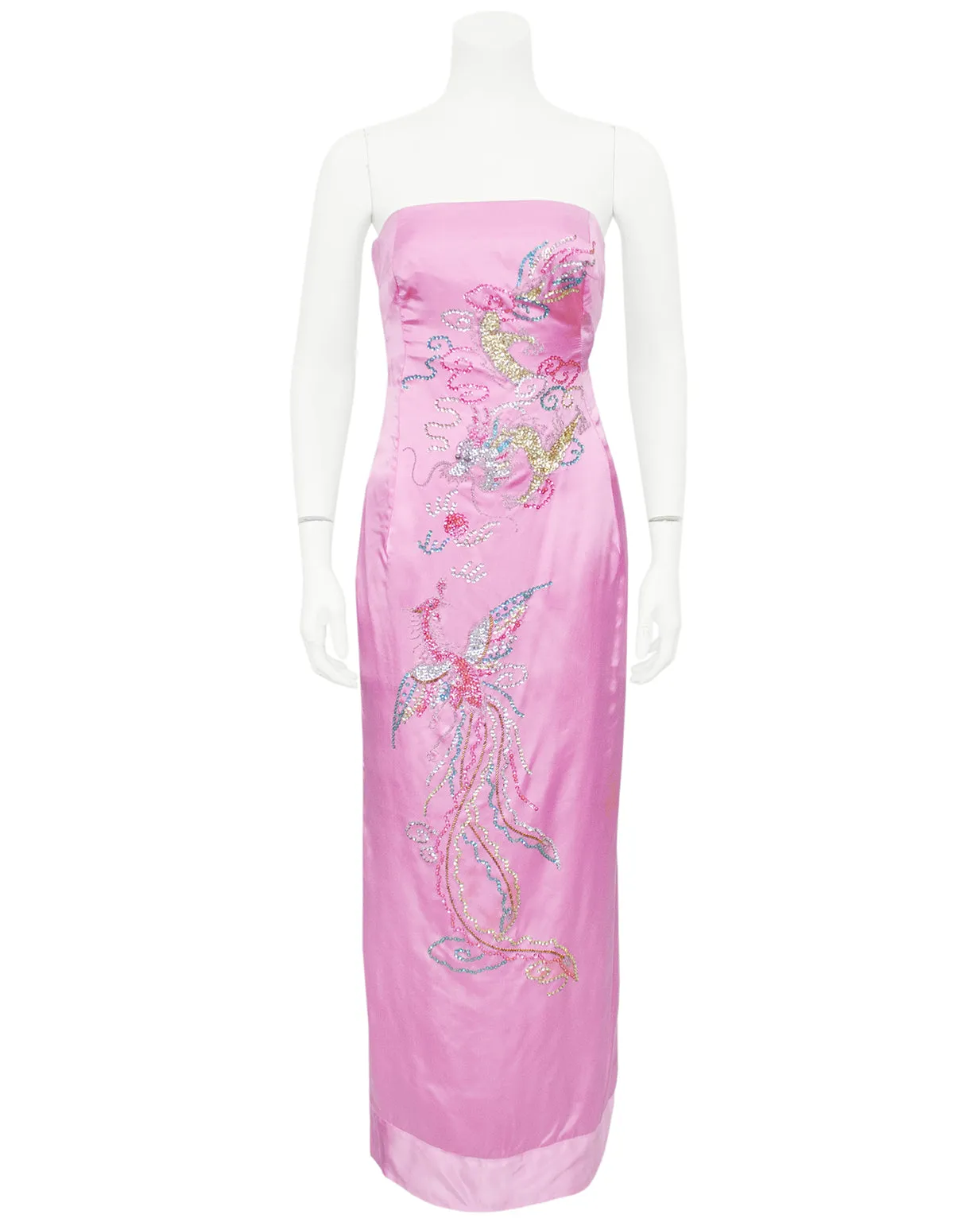 Pink Strapless Silk Gown with Beaded Dragon and Phoenix