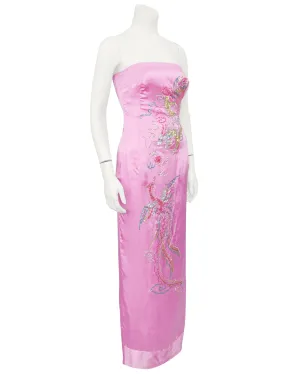 Pink Strapless Silk Gown with Beaded Dragon and Phoenix