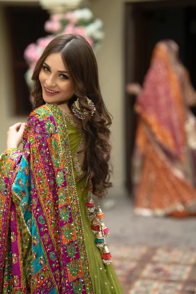 Pishwas Frock Lehenga Lime Green Pakistani Bridal Dress