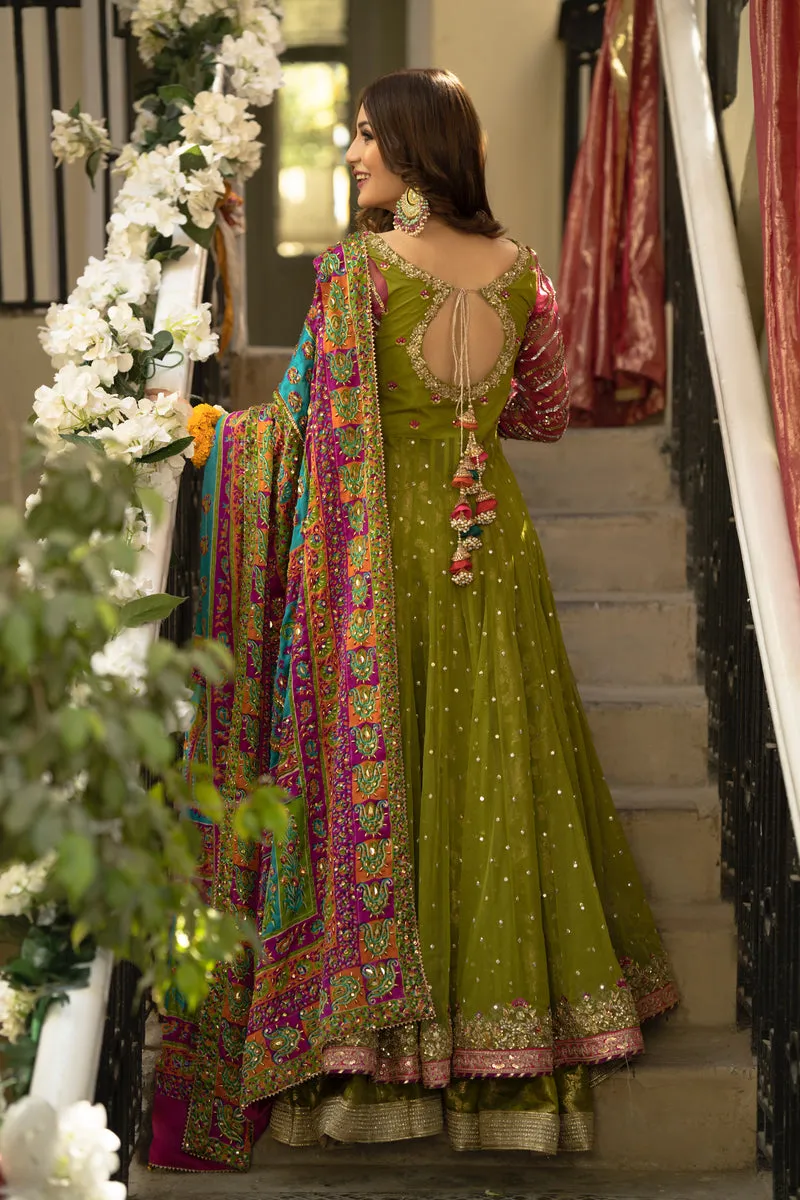 Pishwas Frock Lehenga Lime Green Pakistani Bridal Dress