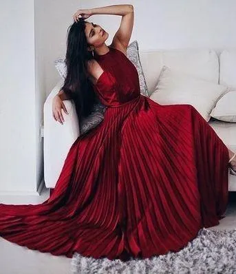 Pleated Long Burgundy Evening Dress with High Neckline
