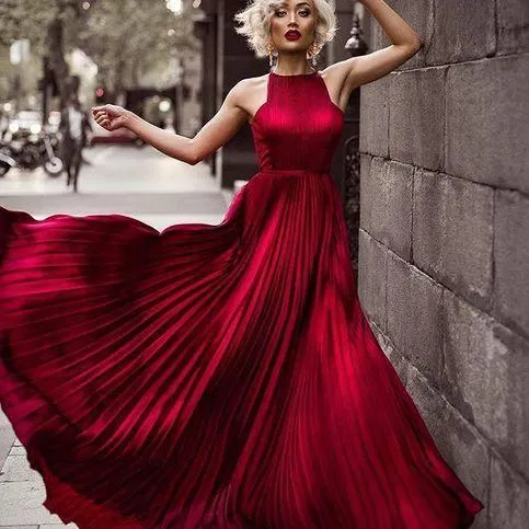 Pleated Long Burgundy Evening Dress with High Neckline