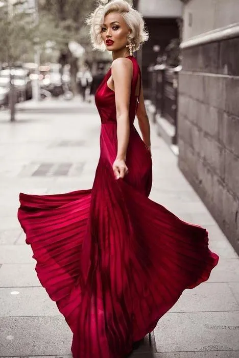 Pleated Long Burgundy Evening Dress with High Neckline